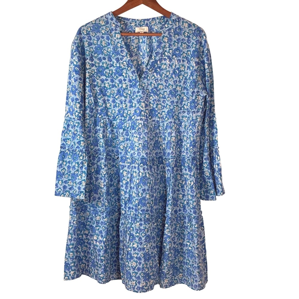 Gingy Dress Fennerton Collection Large Blue Floral Tiered Mini Midi Ruffle Boho
